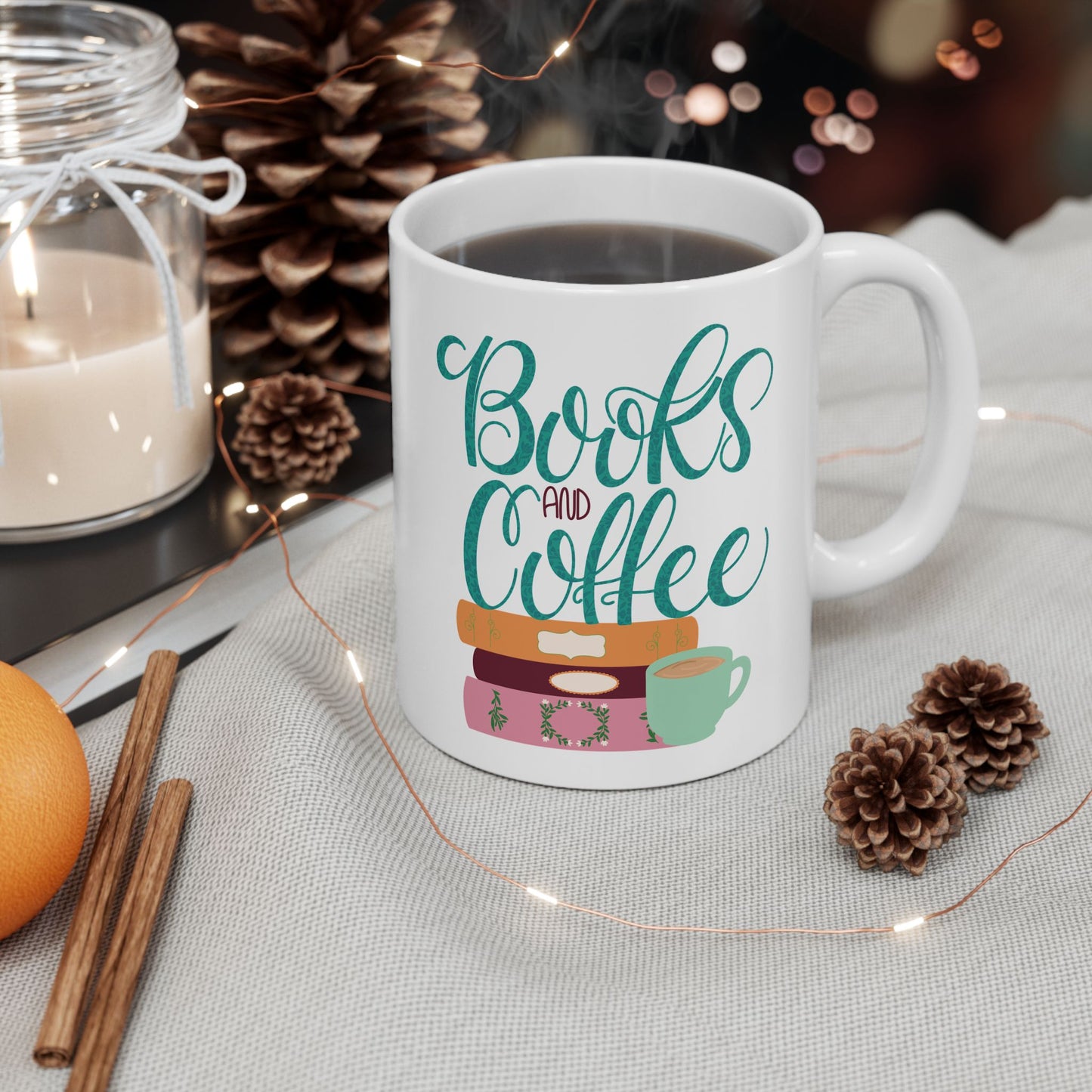 Books and Coffee Mug | Cozy Book Lover Gift | Reading and Coffee Cup