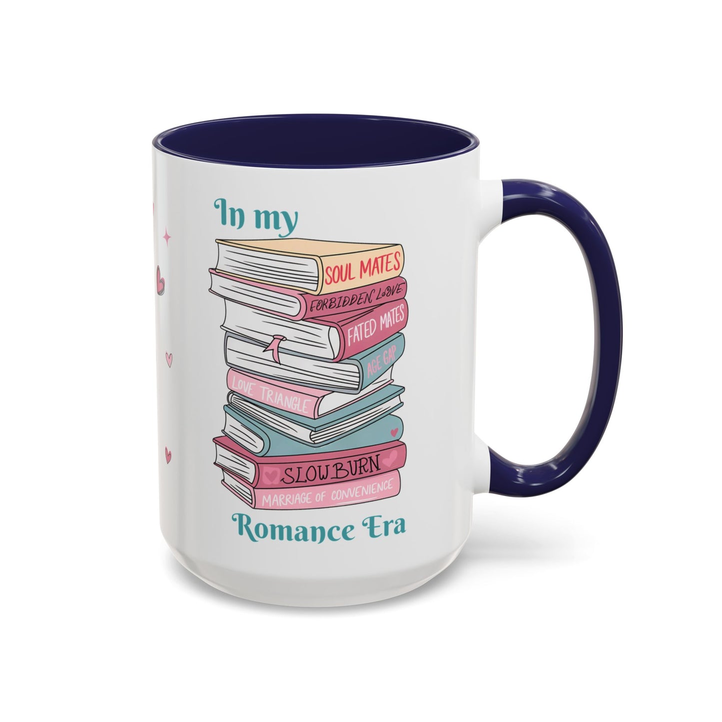 Mug with book stack design and text on a white background