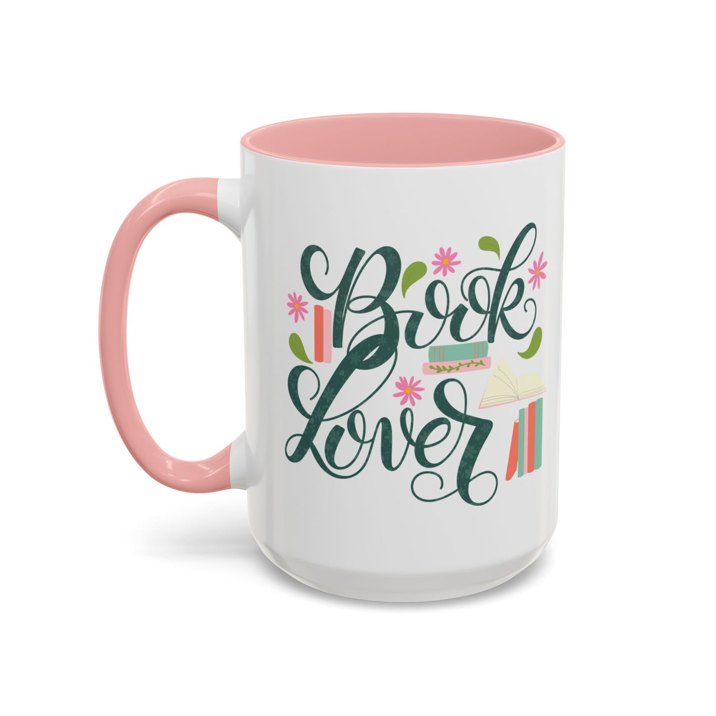 Mug with 'Book Lover' text and book-themed graphics on a white background