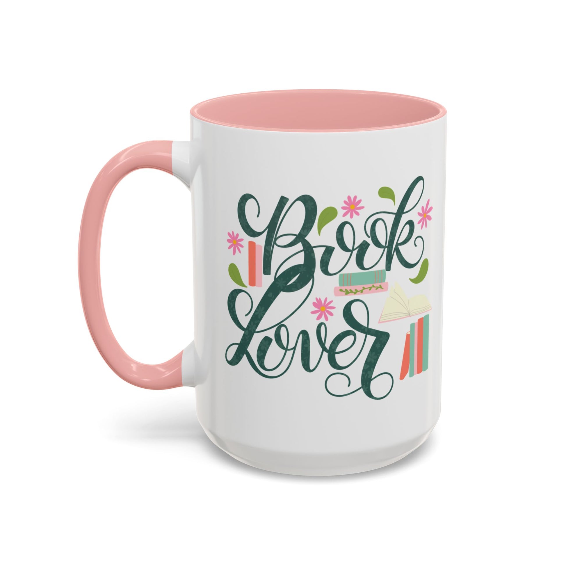 Mug with 'Book Lover' text and book-themed graphics on a white background