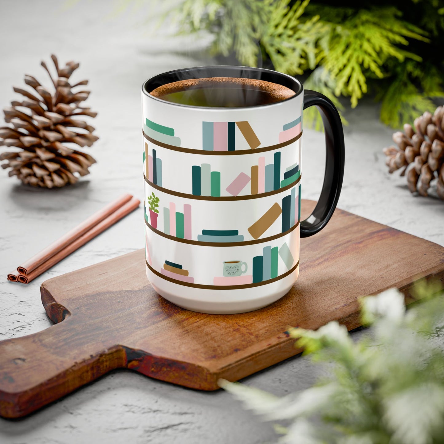 Bookshelf Mug – Two-Tone Ceramic Book Lover Coffee Mug | Cozy Reading Gift