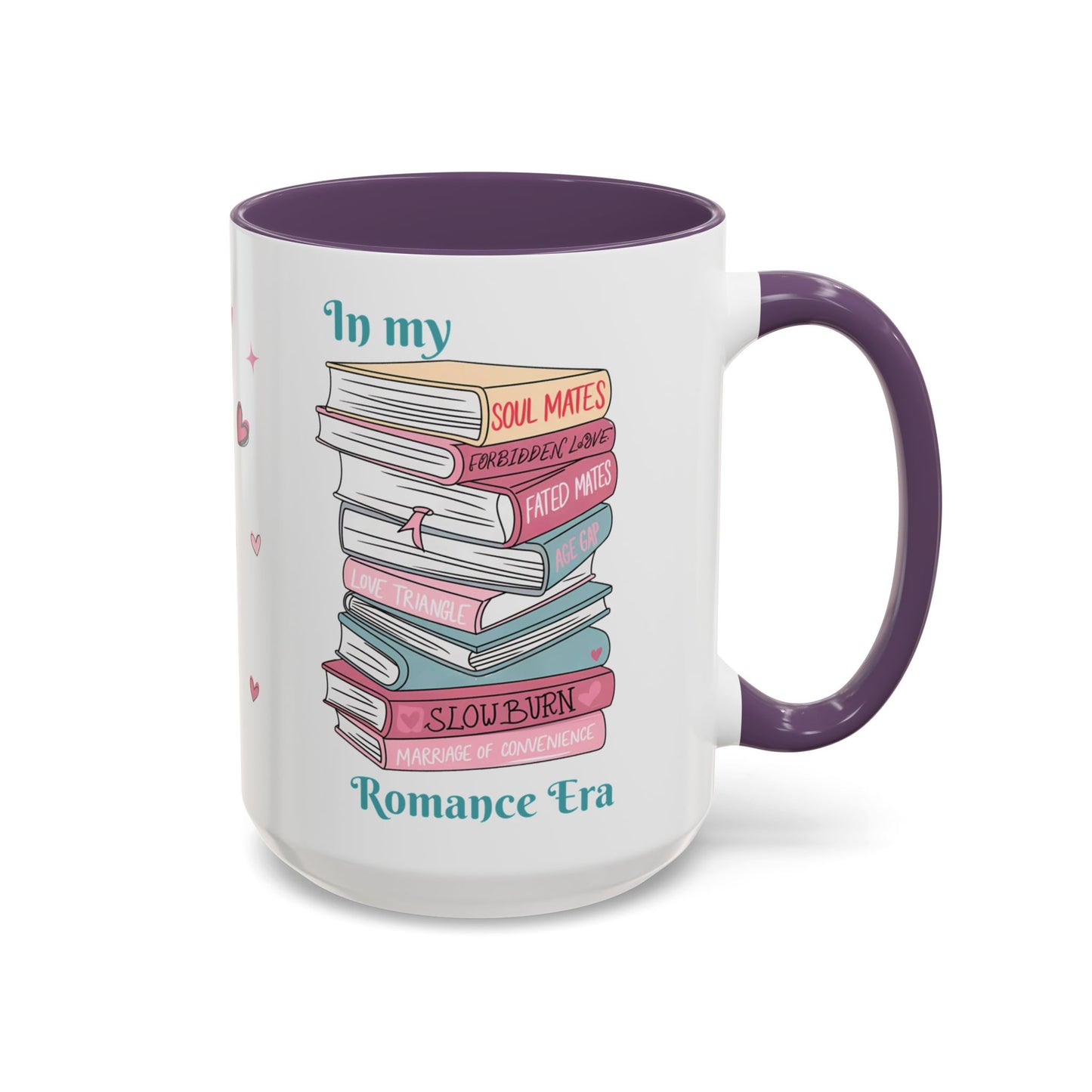 Mug with book design and text on a white background