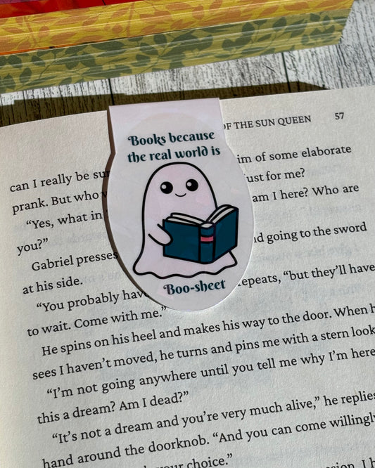 “Books Because the Real World is Boo-sheet” Ghost Magnetic Bookmark – Funny Spooky Bookish Gift