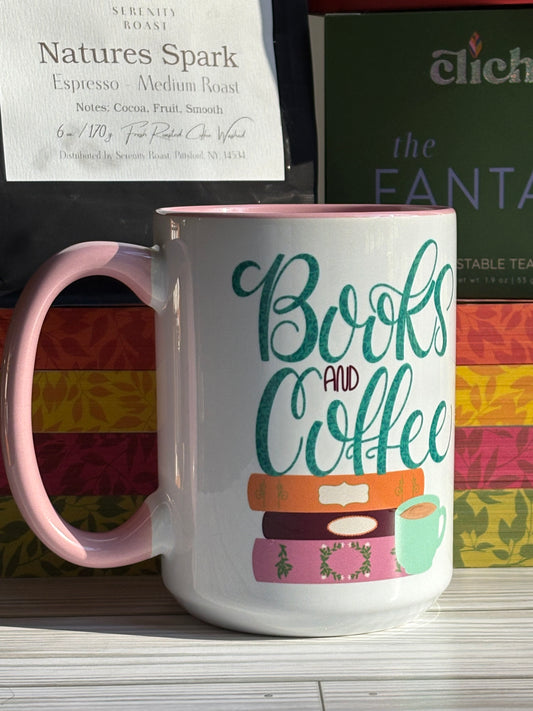 Books and Coffee Mug | 11 oz & 15 oz Ceramic Cup | Cozy Gift for Book Lovers