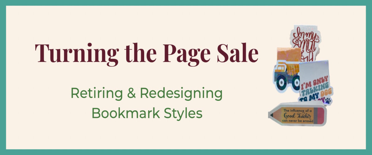 Promotional banner for 'Turning the Page Sale' with bookmark styles displayed.